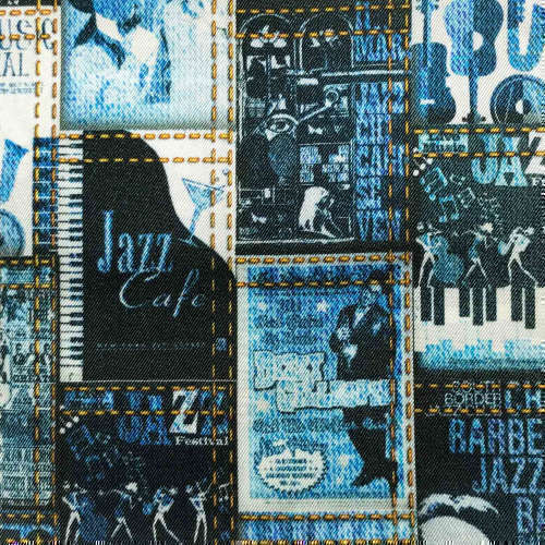 Tissu pour doublure veste sur-mesure motif affiche jazz sur fond bleu