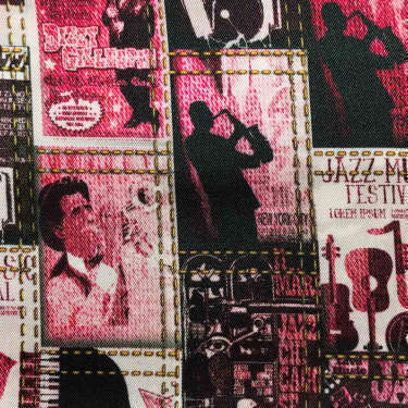 Tissu pour doublure veste sur-mesure motif affiche jazz sur fond rouge