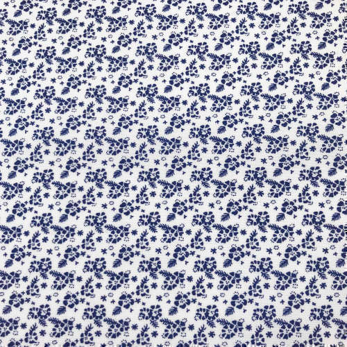 Tissu pour chemise sur-mesure popeline blanc motif fleur bleu