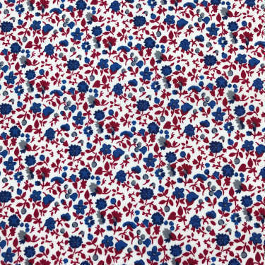 Tissu pour chemise sur-mesure popeline blanc motif fleur bleu et rouge