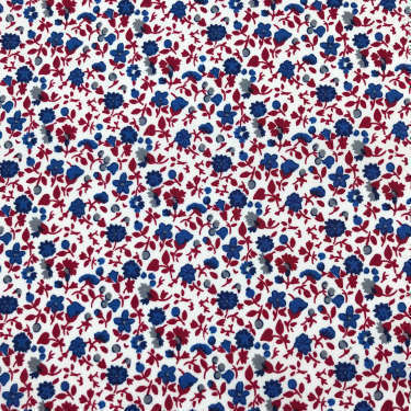 Tissu pour chemise sur-mesure popeline blanc motif fleur bleu et rouge