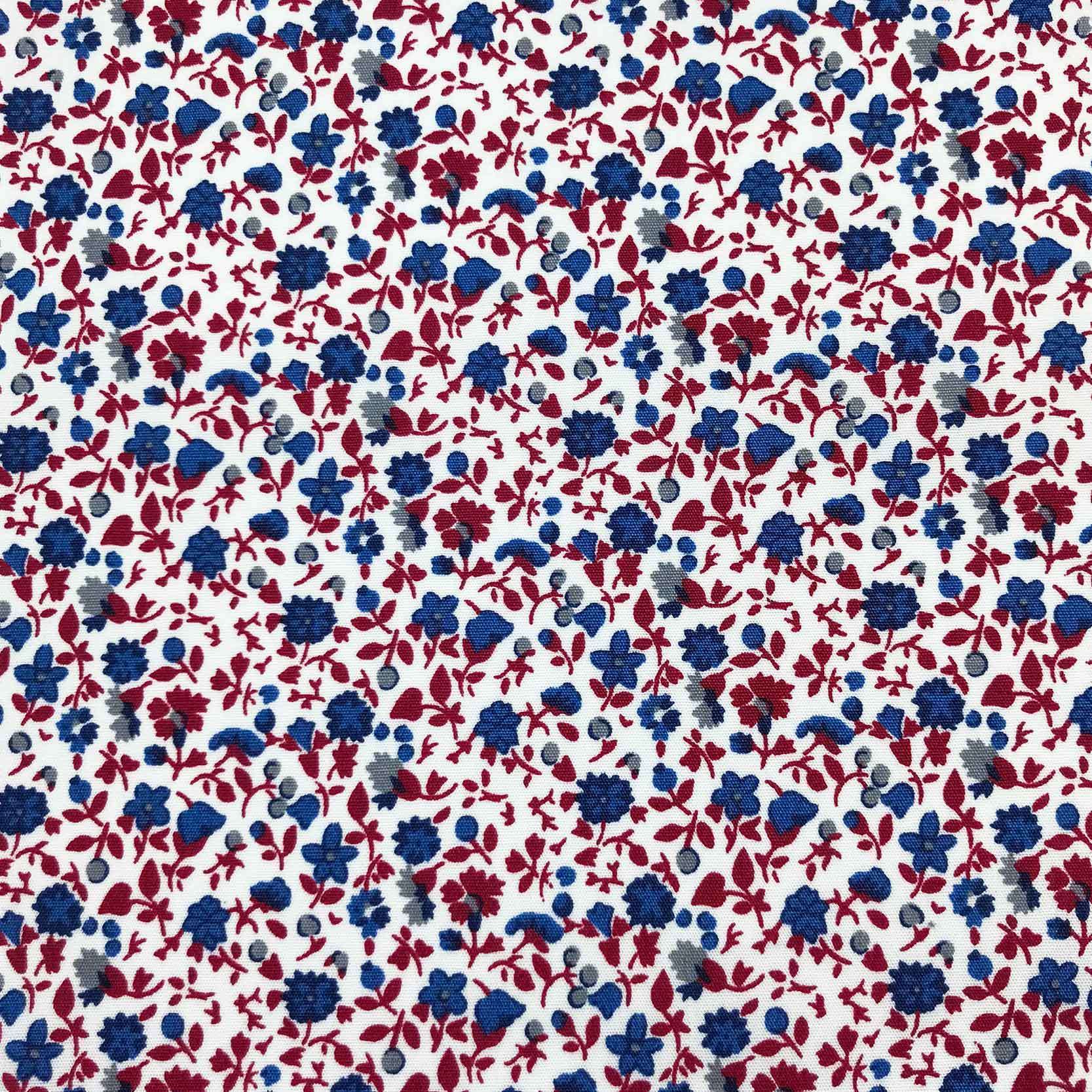 Chemise sur mesure popeline blanc motif fleur bleu et rouge